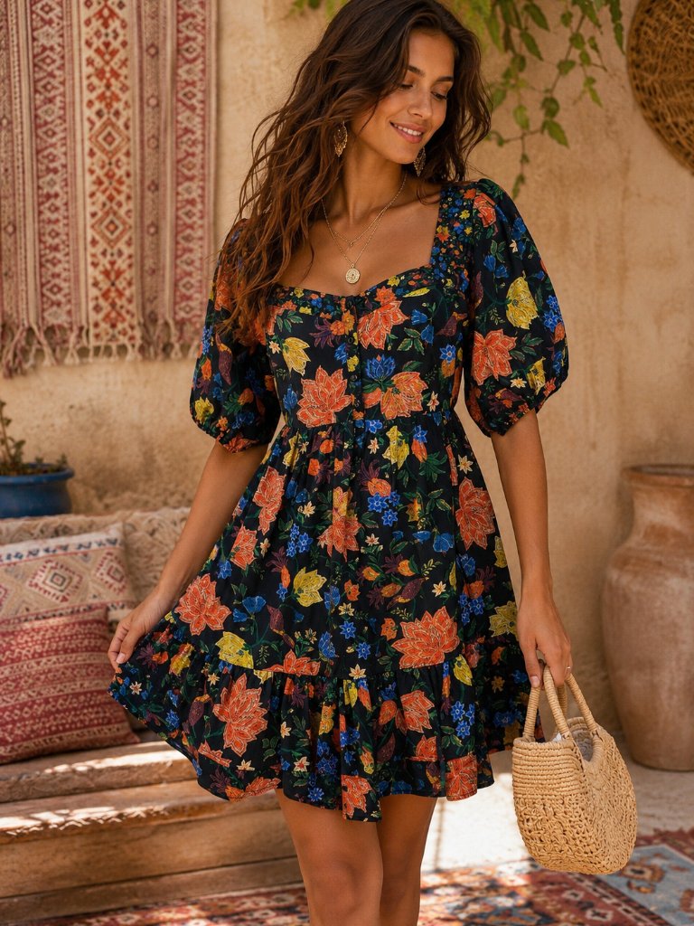 Anthropologie Farm Rio Dress Women Medium Cotton Boho Cottage Floral Mini Nwt